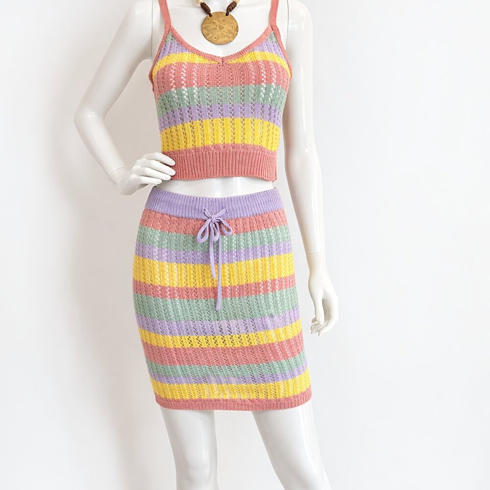 Pastel Stripe Knit Two-Piece Set | Crop Tank Top & Mini Skirt | Cute!